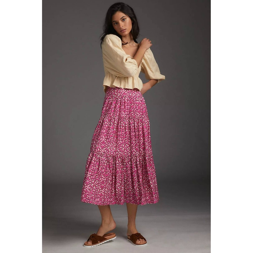 Anthropologie Marcella Tiered Tiered Midi Skirt XS Boho High Rise Flowy Pull on